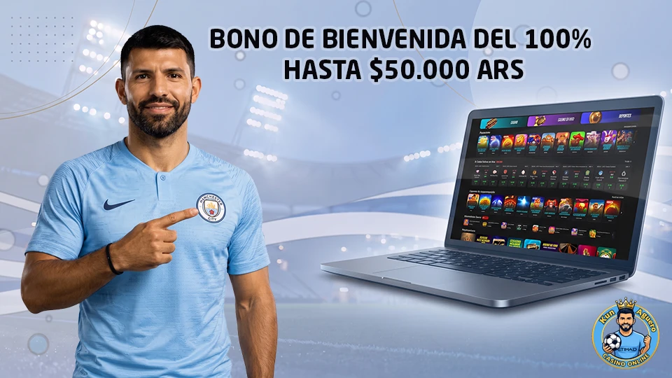 Banner de Casino Kun Aguero con el bono de bienvenida del 100% hasta $50.000 ARS